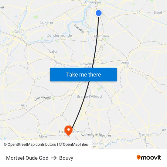 Mortsel-Oude God to Bouvy map