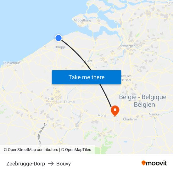 Zeebrugge-Dorp to Bouvy map