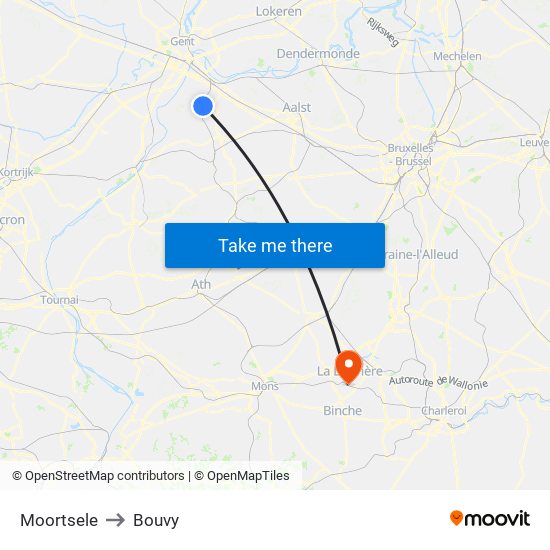 Moortsele to Bouvy map