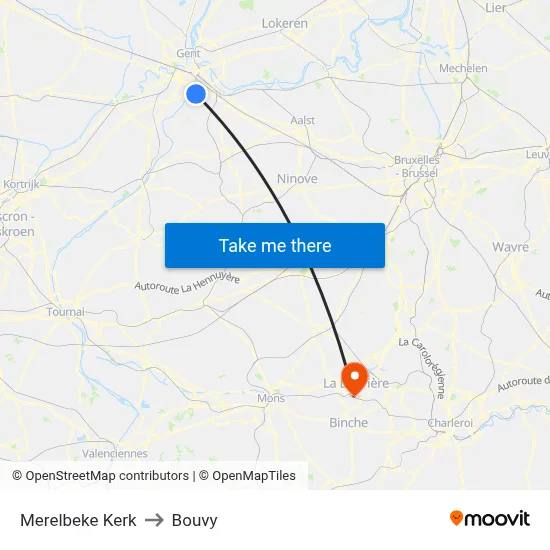 Merelbeke Church to Bouvy map