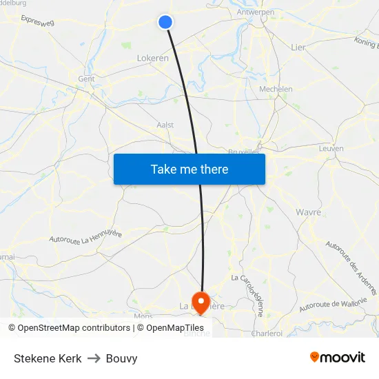 Stekene Kerk to Bouvy map