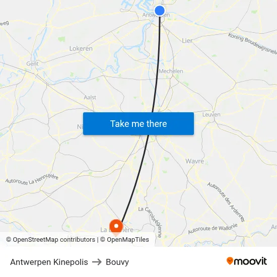 Antwerp Kinepolis to Bouvy map
