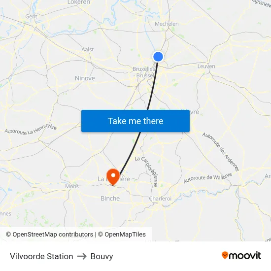 Vilvoorde Station to Bouvy map