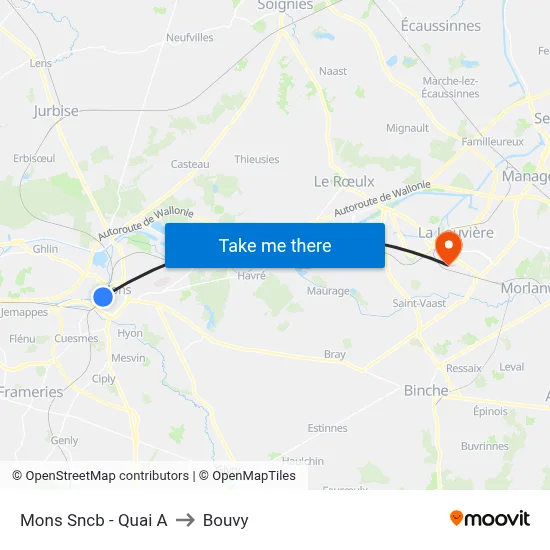 Mons SNCB - Platform A to Bouvy map