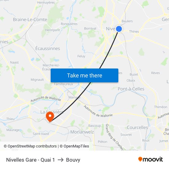 Nivelles Gare - Quai 1 to Bouvy map