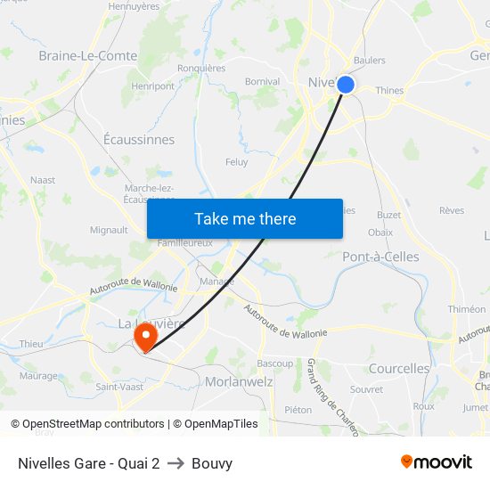 Nivelles Gare - Quai 2 to Bouvy map