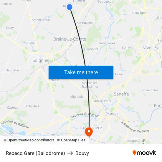 Rebecq Gare (Ballodrome) to Bouvy map