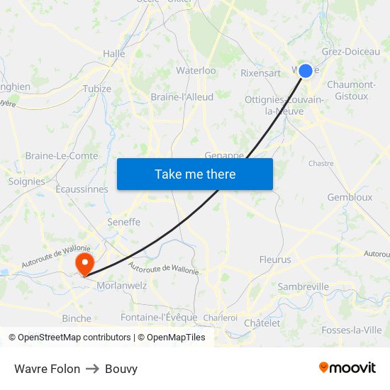 Wavre Folon to Bouvy map