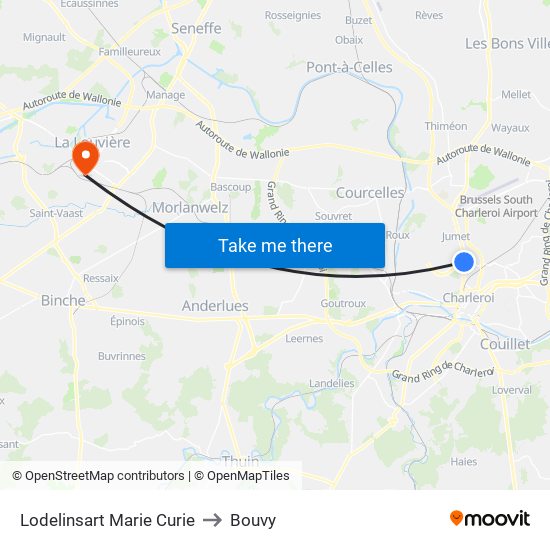 Lodelinsart Marie Curie to Bouvy map