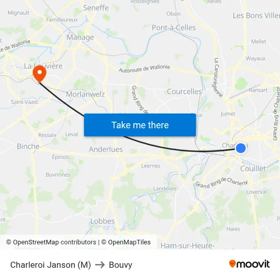 Charleroi Janson (Metro) to Bouvy map
