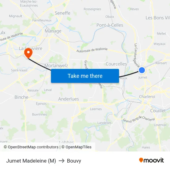 Jumet Madeleine (M) to Bouvy map