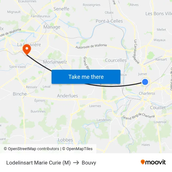 Lodelinsart Marie Curie (M) to Bouvy map