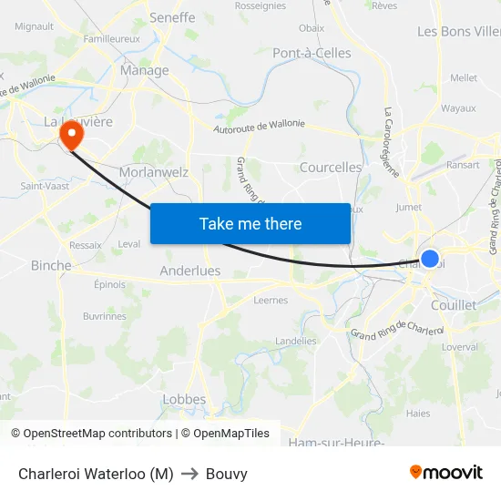 Charleroi Waterloo (M) to Bouvy map