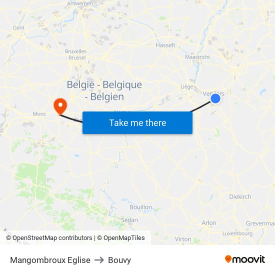 Mangombroux Eglise to Bouvy map