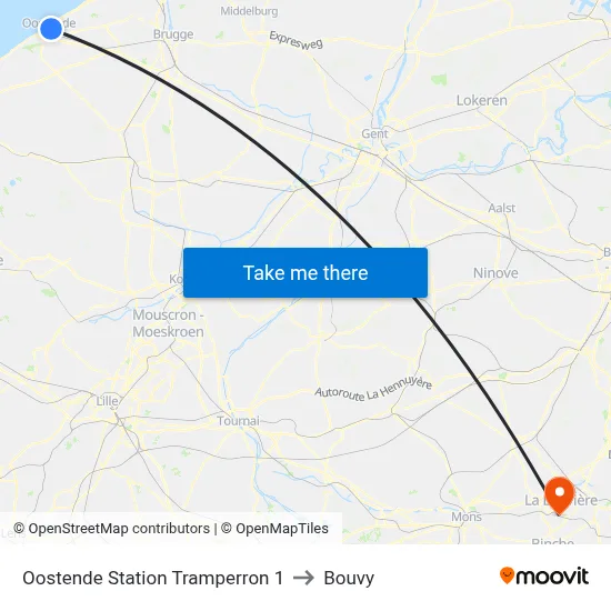 Oostende Station Tram Platform 1 to Bouvy map