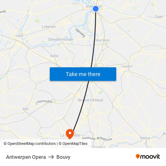 Antwerpen Opera to Bouvy map