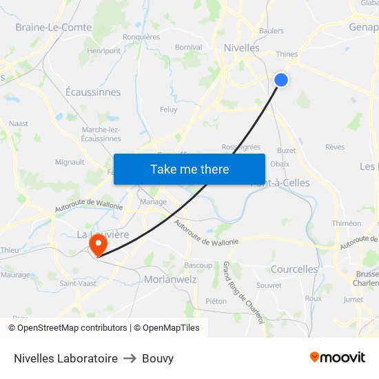 Nivelles Laboratoire to Bouvy map