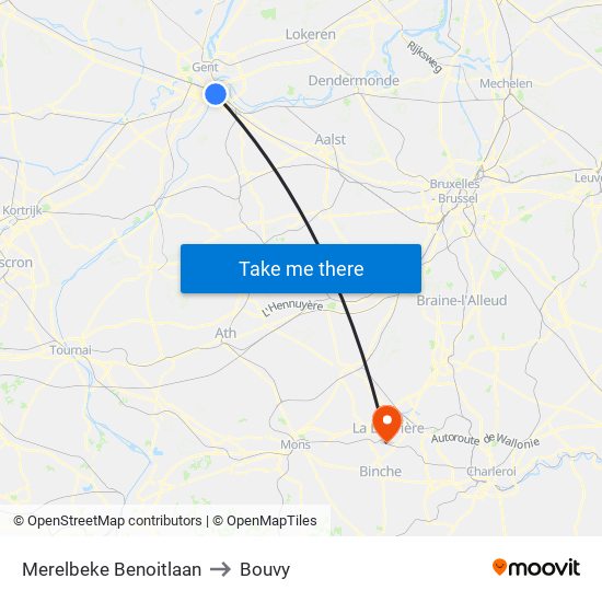 Merelbeke Benoitlaan to Bouvy map