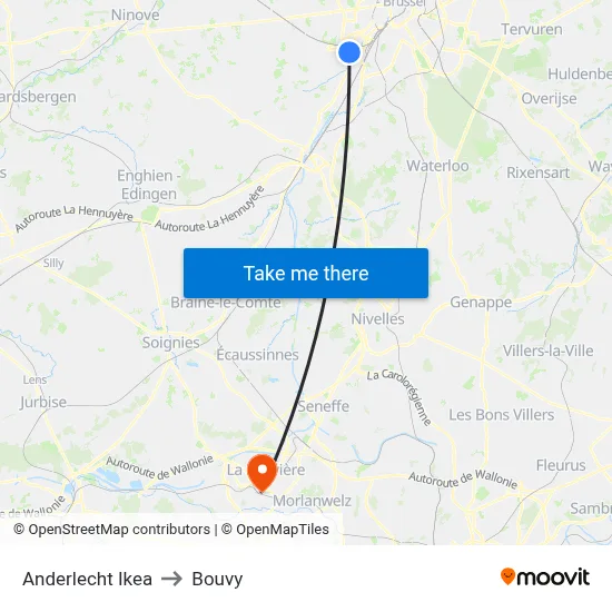 Anderlecht Ikea to Bouvy map