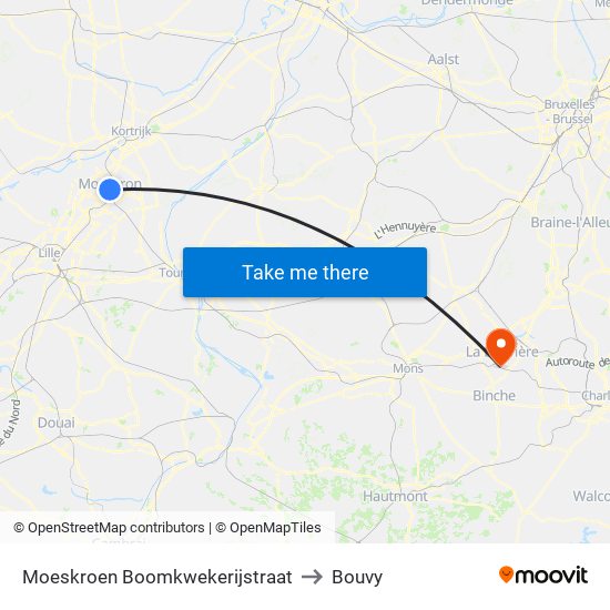 Moeskroen Boomkwekerijstraat to Bouvy map