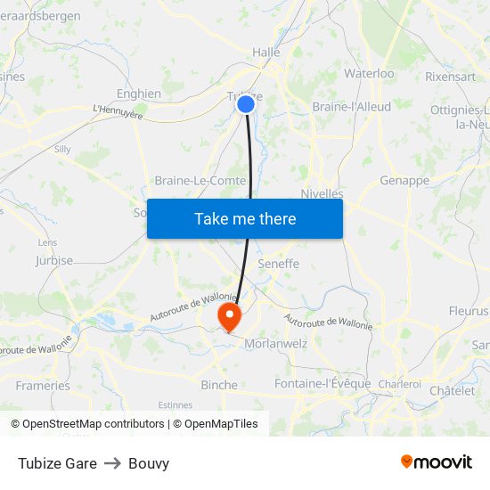 Tubize Gare to Bouvy map