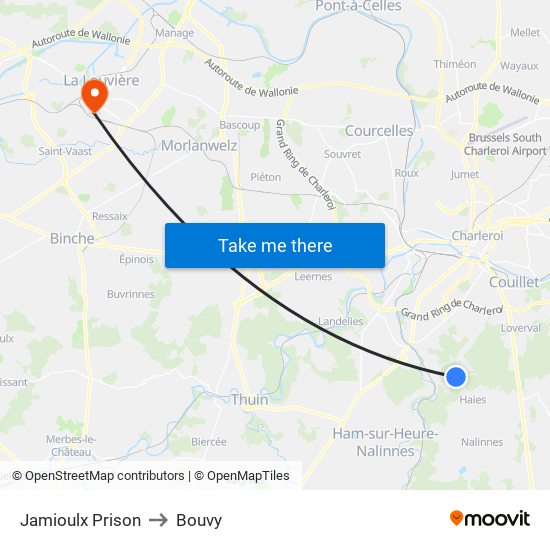 Jamioulx Prison to Bouvy map