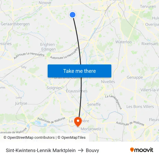 Sint-Kwintens-Lennik Market Square to Bouvy map