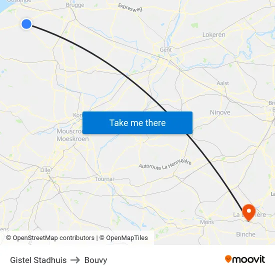 Gistel Stadhuis to Bouvy map