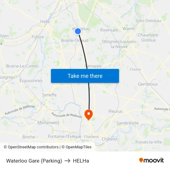Waterloo Gare (Parking) to HELHa map