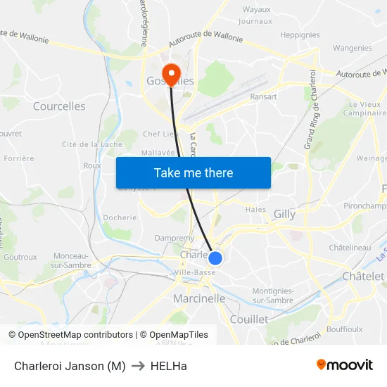 Charleroi Janson (Metro) to HELHa map