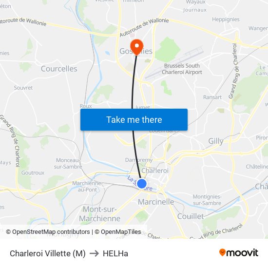 Charleroi Villette (M) to HELHa map