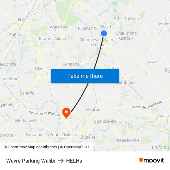 Wavre Parking Walibi to HELHa map