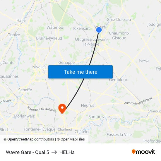 Wavre Gare - Quai 5 to HELHa map