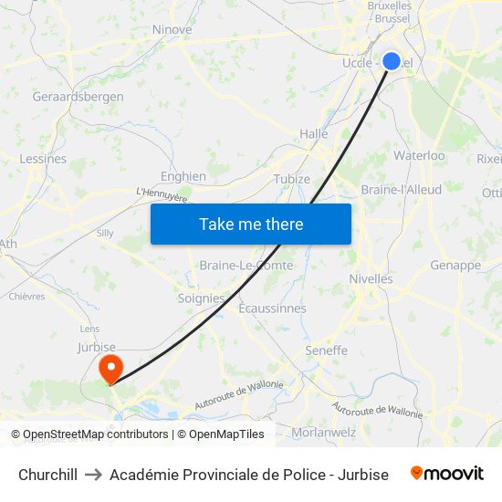 Churchill to Académie Provinciale de Police - Jurbise map