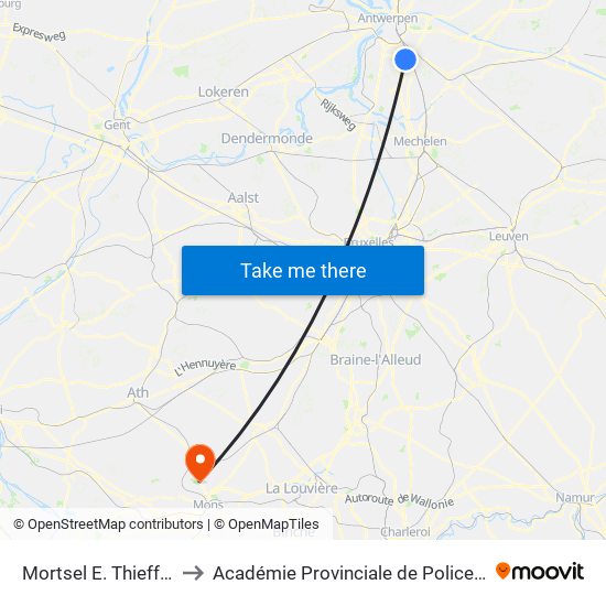 Mortsel E. Thieffrylaan to Académie Provinciale de Police - Jurbise map