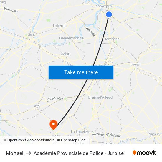 Mortsel to Académie Provinciale de Police - Jurbise map