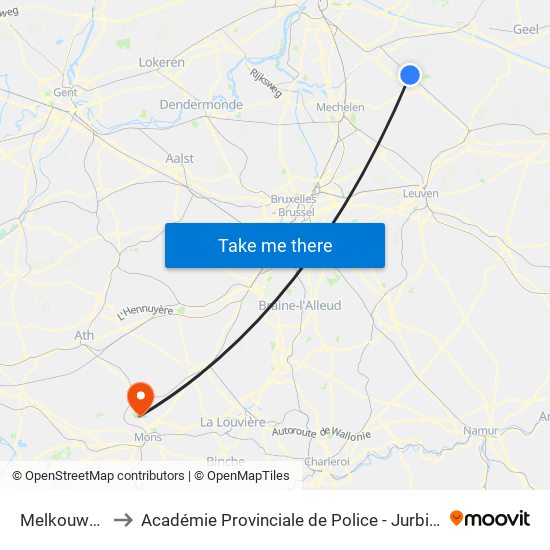 Melkouwen to Académie Provinciale de Police - Jurbise map