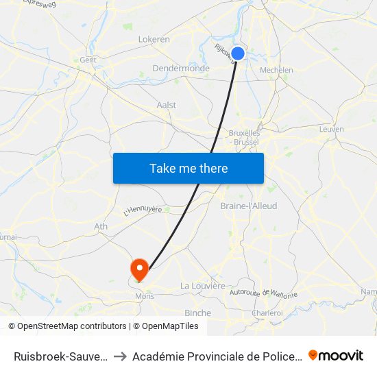 Ruisbroek-Sauvegarde to Académie Provinciale de Police - Jurbise map