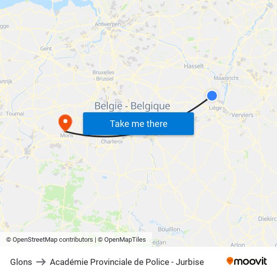 Glons to Académie Provinciale de Police - Jurbise map