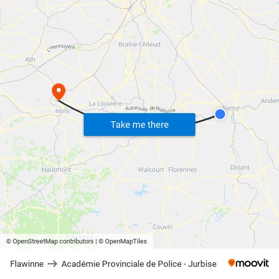 Flawinne to Académie Provinciale de Police - Jurbise map