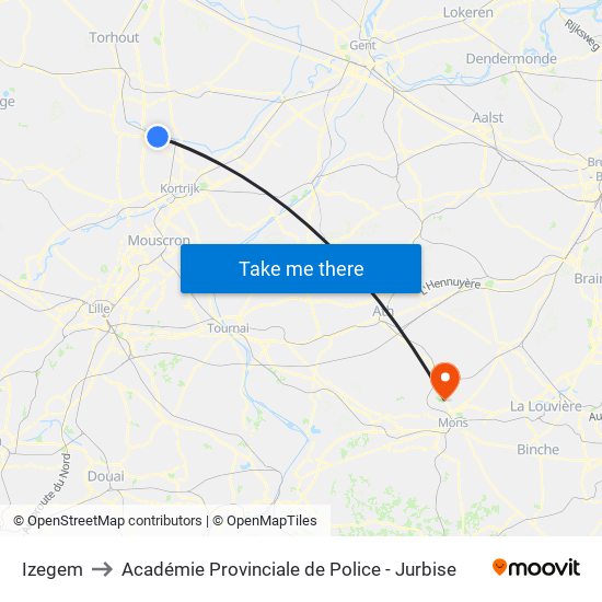 Izegem to Académie Provinciale de Police - Jurbise map