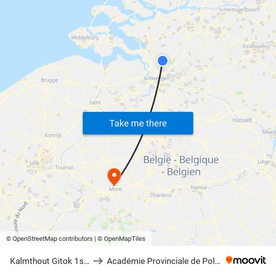 Kalmthout Gitok 1ste Graad to Académie Provinciale de Police - Jurbise map