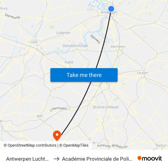 Antwerpen Luchtbal Kerk to Académie Provinciale de Police - Jurbise map