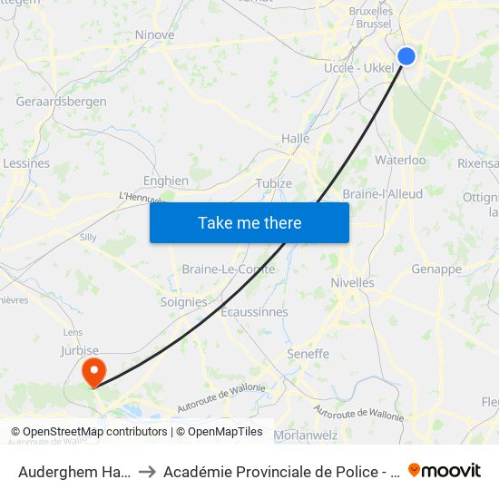 Auderghem Hankar to Académie Provinciale de Police - Jurbise map