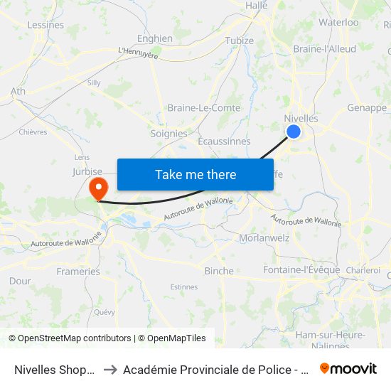 Nivelles Shopping to Académie Provinciale de Police - Jurbise map