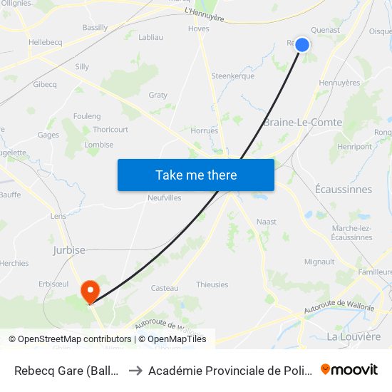 Rebecq Gare (Ballodrome) to Académie Provinciale de Police - Jurbise map