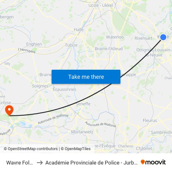 Wavre Folon to Académie Provinciale de Police - Jurbise map