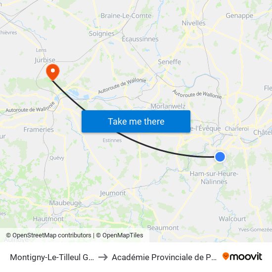 Montigny-Le-Tilleul Gb Bomerée to Académie Provinciale de Police - Jurbise map