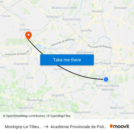 Montigny-Le-Tilleul Vésale to Académie Provinciale de Police - Jurbise map