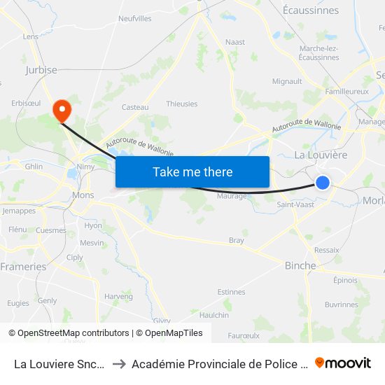 La Louviere Sncb Sud to Académie Provinciale de Police - Jurbise map